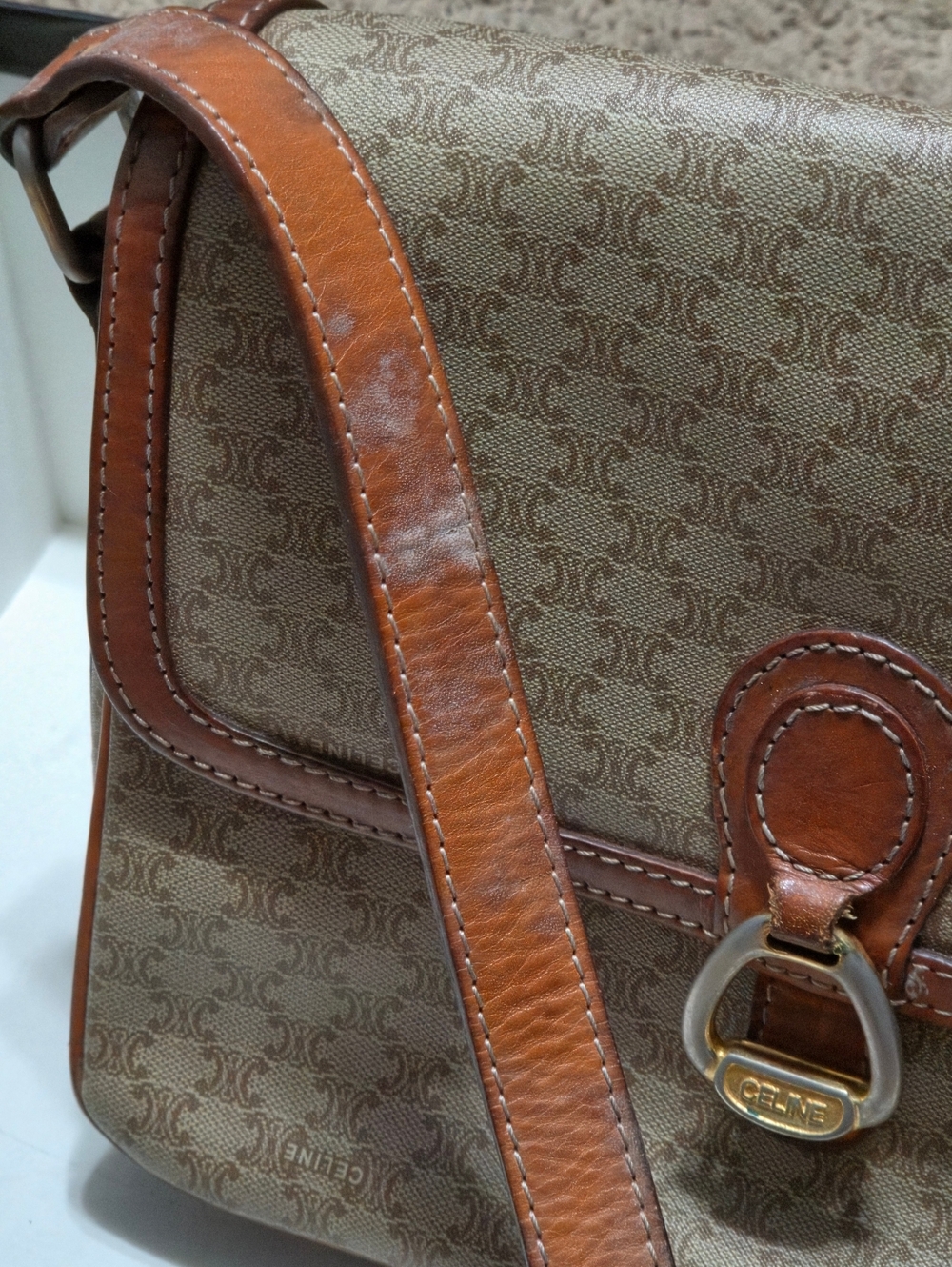 CELINE Macadam Brown Leather Trim Crossbody Shoulder Purse Bag PVC Canvas Beige - Picture 13 of 16